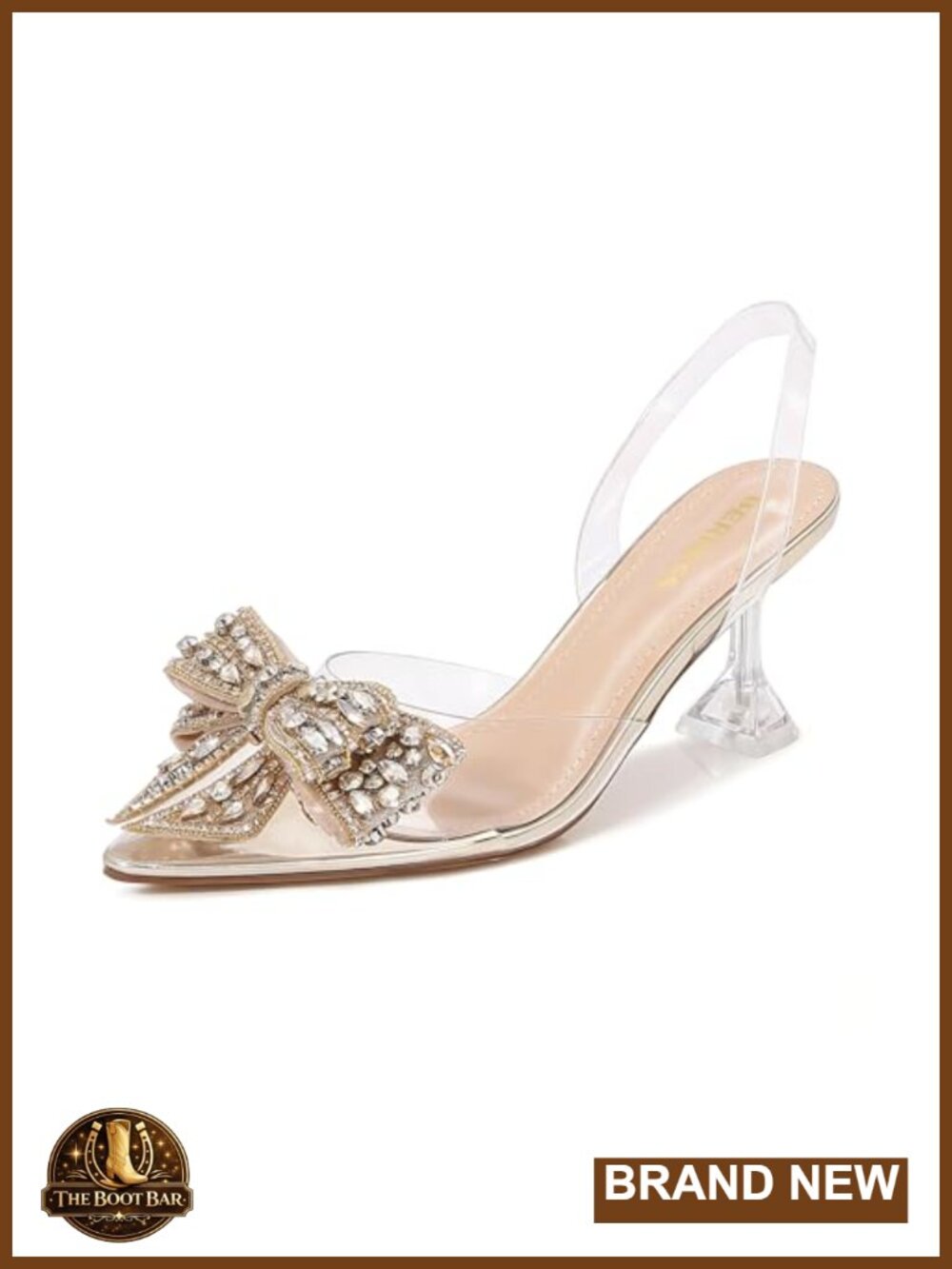 Crystal Bow Clear Slingback Kitten Heels Closed Toe Pull-On Pumps